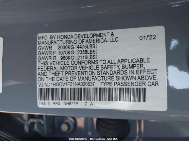 Photo 8 VIN: 1HGCV1F31NA020637 - HONDA ACCORD 