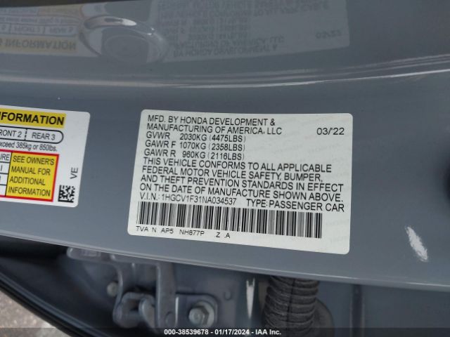 Photo 8 VIN: 1HGCV1F31NA034537 - HONDA ACCORD 