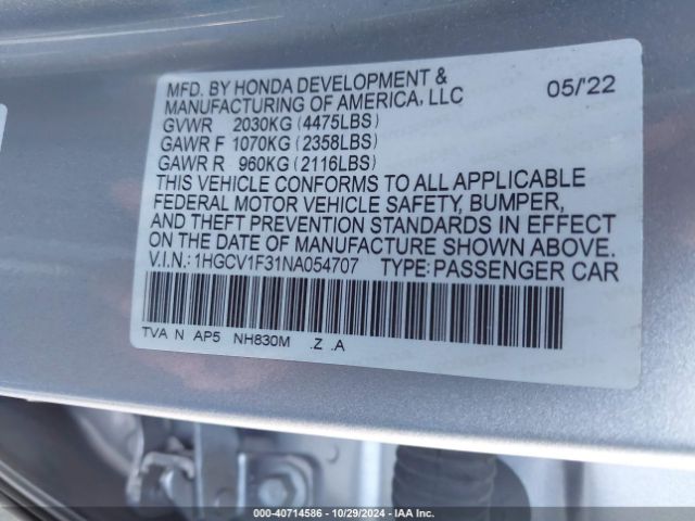 Photo 8 VIN: 1HGCV1F31NA054707 - HONDA ACCORD 