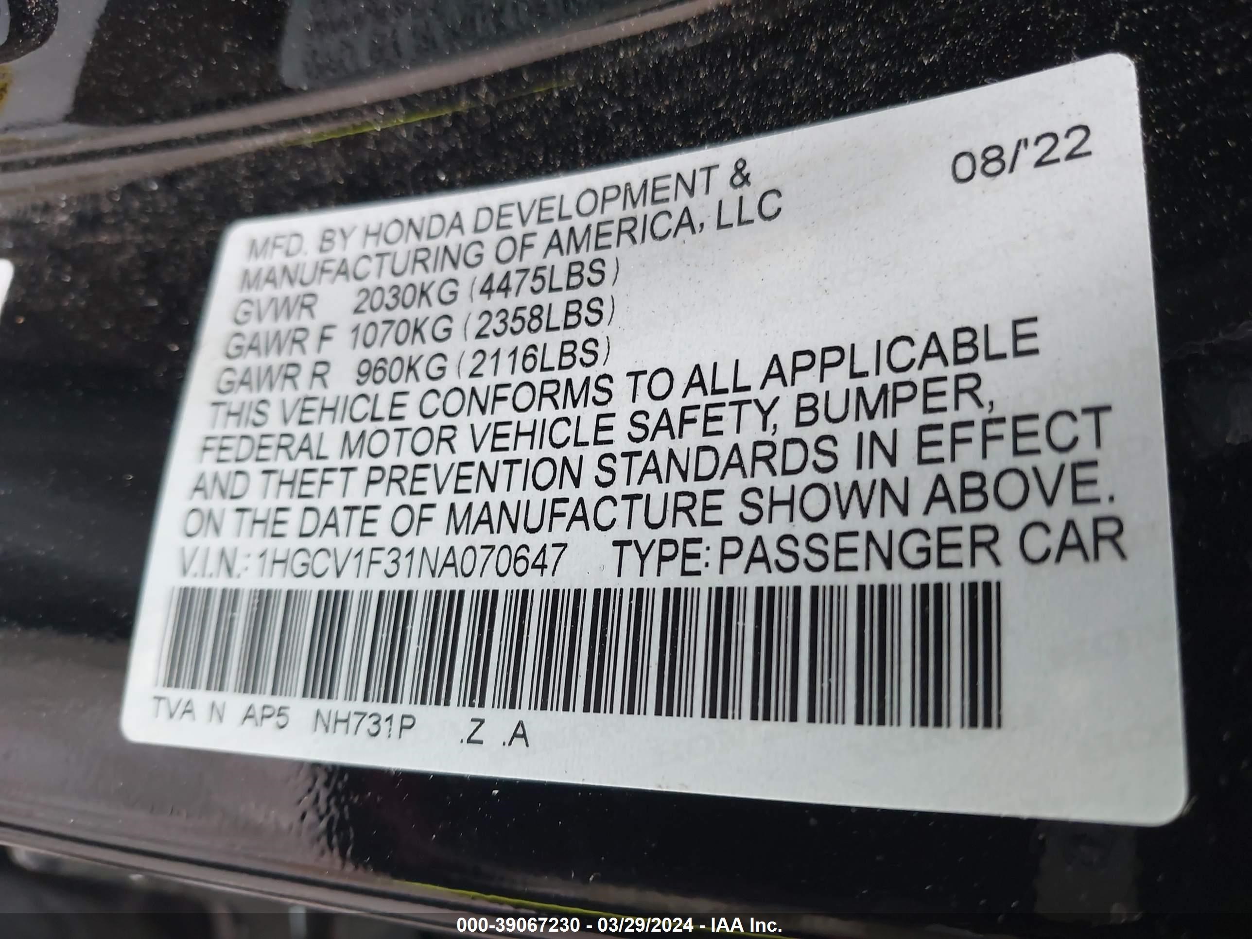 Photo 8 VIN: 1HGCV1F31NA070647 - HONDA ACCORD 