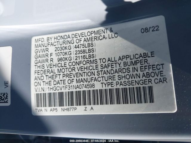 Photo 8 VIN: 1HGCV1F31NA074598 - HONDA ACCORD 