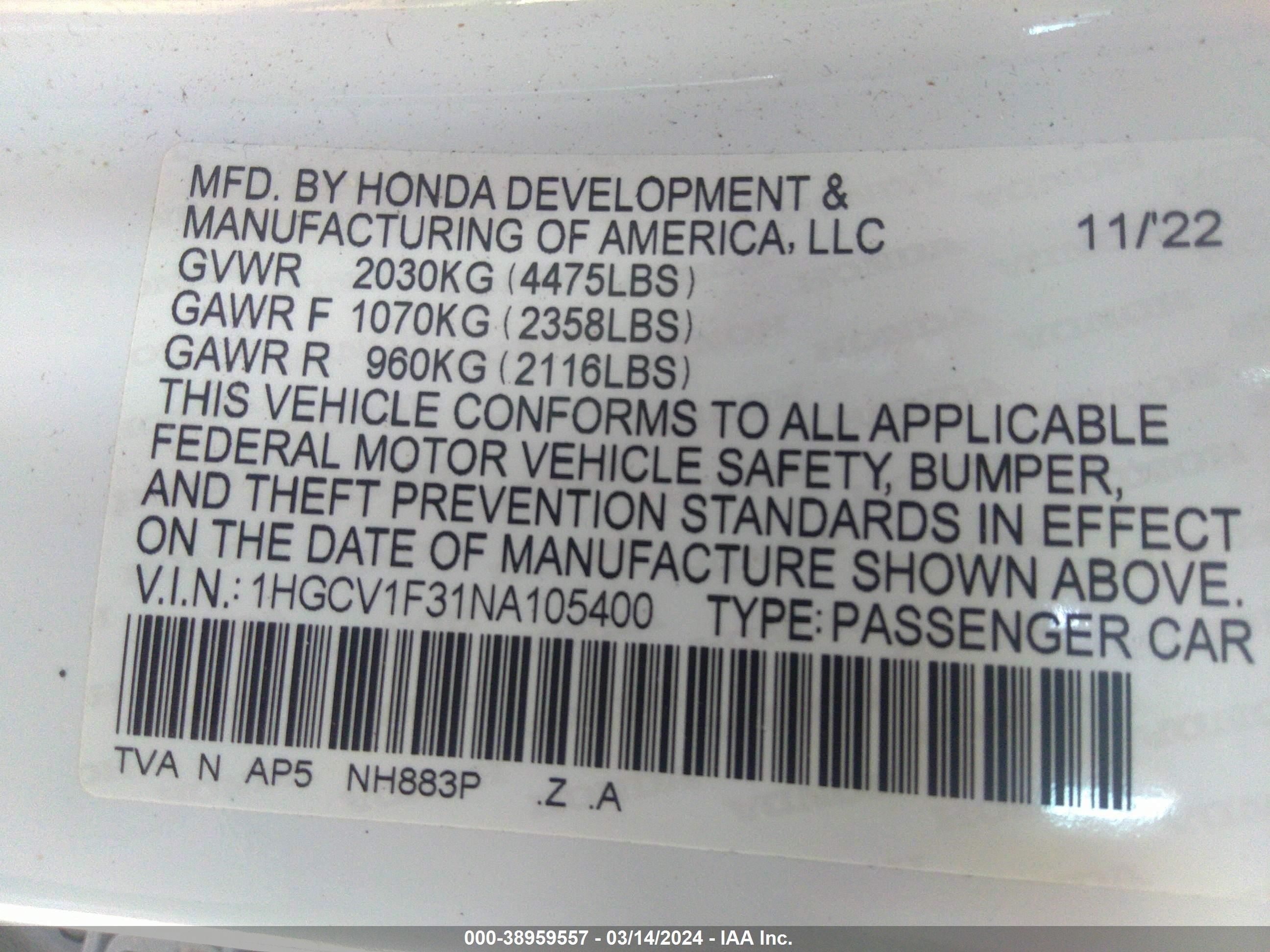 Photo 8 VIN: 1HGCV1F31NA105400 - HONDA ACCORD 