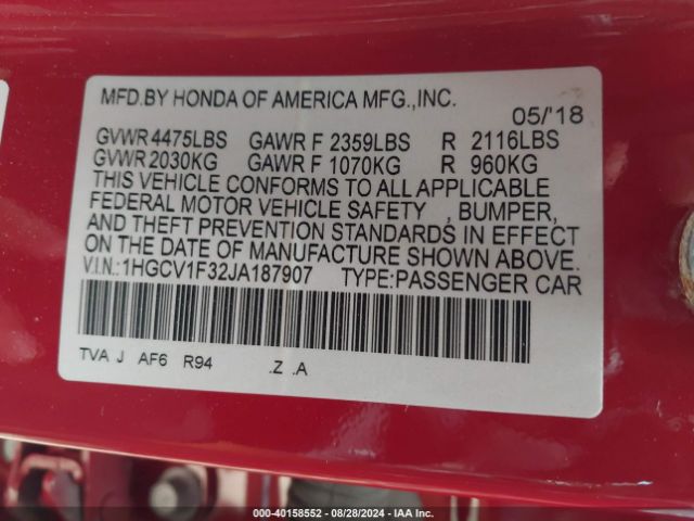 Photo 8 VIN: 1HGCV1F32JA187907 - HONDA ACCORD 