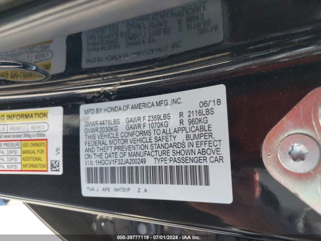 Photo 8 VIN: 1HGCV1F32JA200249 - HONDA ACCORD 