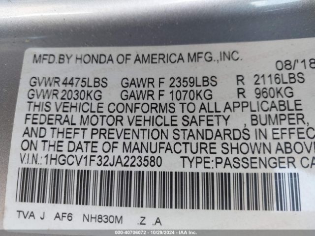 Photo 8 VIN: 1HGCV1F32JA223580 - HONDA ACCORD 