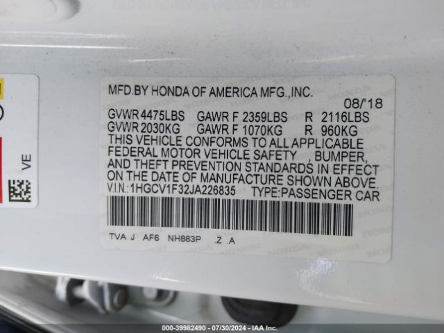 Photo 8 VIN: 1HGCV1F32JA226835 - HONDA ACCORD 