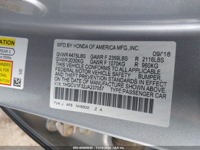 Photo 8 VIN: 1HGCV1F32JA237057 - HONDA ACCORD 