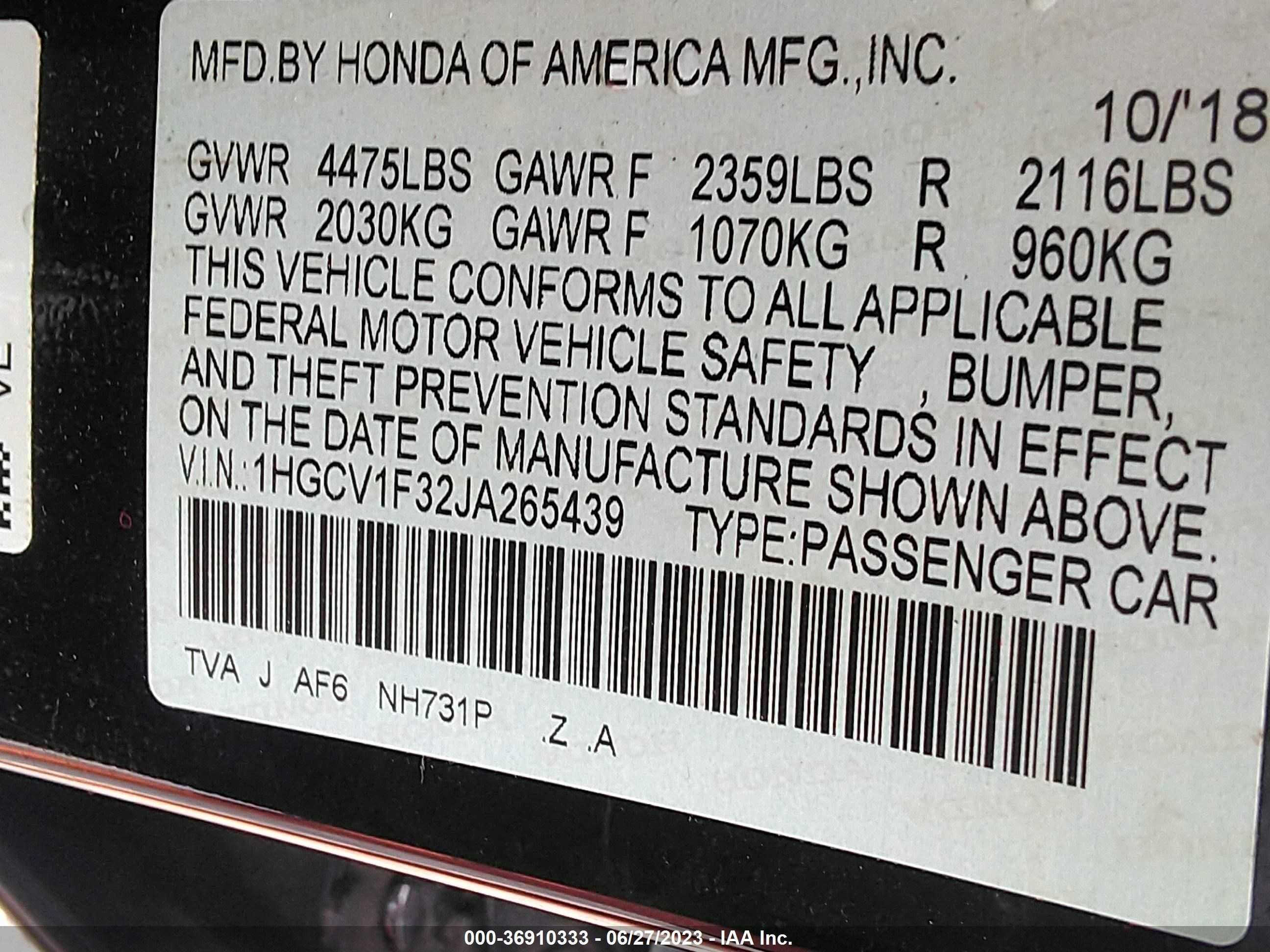 Photo 8 VIN: 1HGCV1F32JA265439 - HONDA ACCORD 