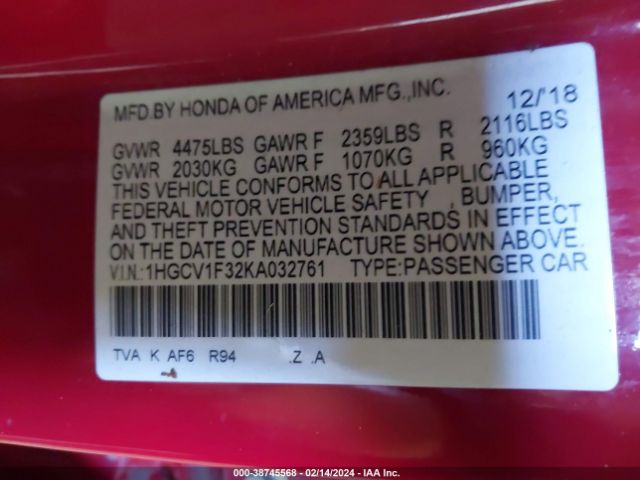 Photo 8 VIN: 1HGCV1F32KA032761 - HONDA ACCORD 