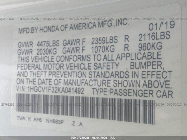 Photo 8 VIN: 1HGCV1F32KA041492 - HONDA ACCORD SEDAN 