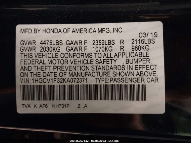 Photo 8 VIN: 1HGCV1F32KA072371 - HONDA ACCORD 