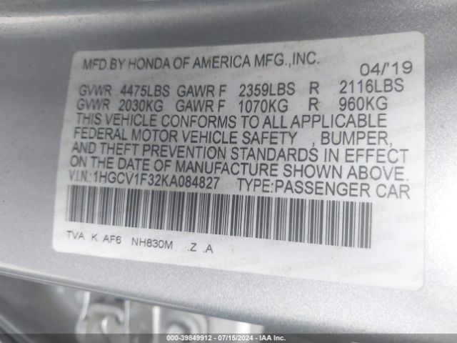 Photo 8 VIN: 1HGCV1F32KA084827 - HONDA ACCORD 