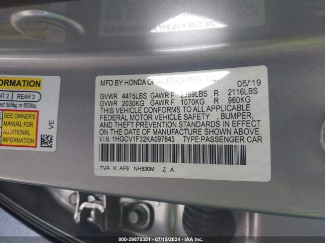 Photo 8 VIN: 1HGCV1F32KA097643 - HONDA ACCORD 