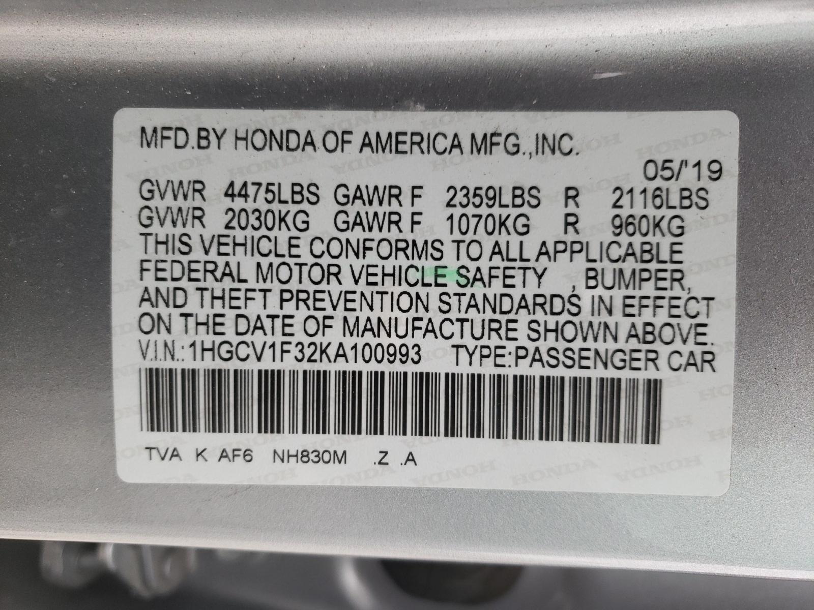 Photo 9 VIN: 1HGCV1F32KA100993 - HONDA ACCORD SPO 