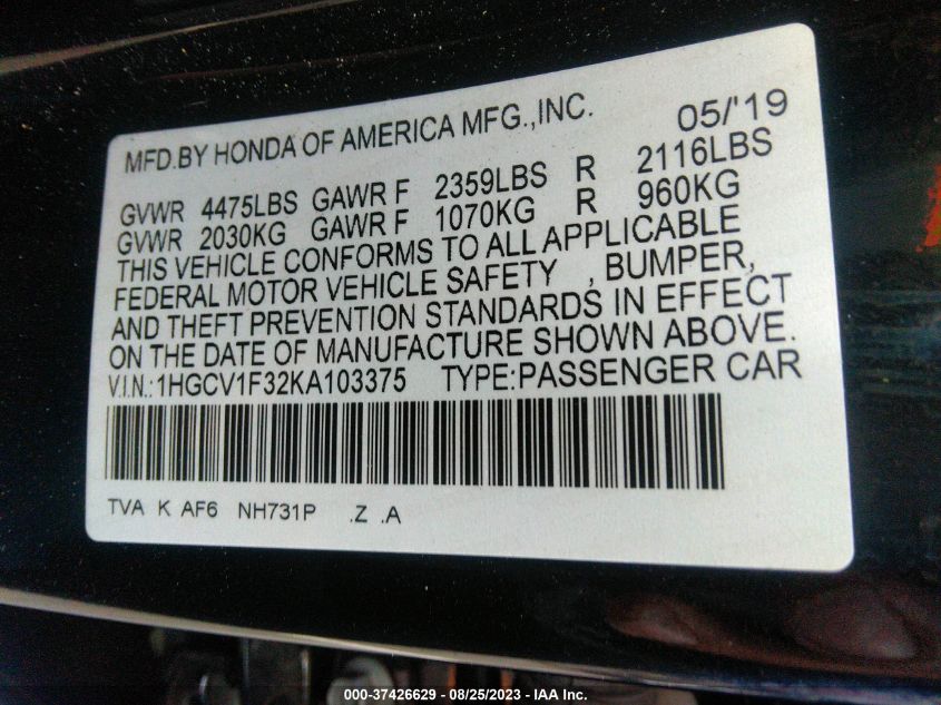 Photo 8 VIN: 1HGCV1F32KA103375 - HONDA ACCORD 