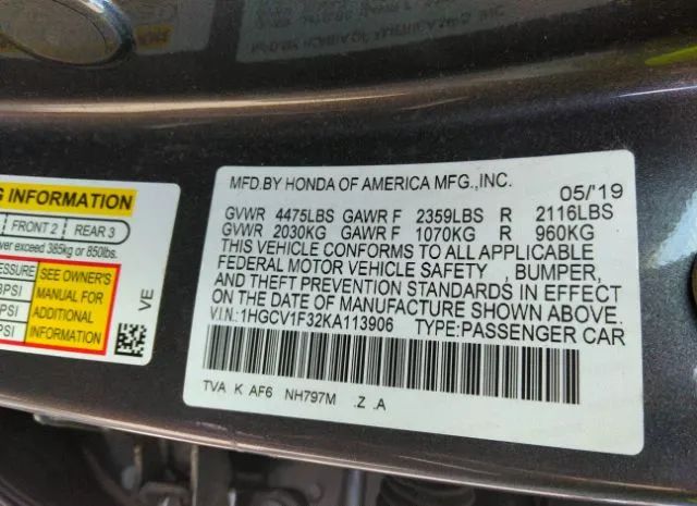 Photo 8 VIN: 1HGCV1F32KA113906 - HONDA ACCORD SEDAN 