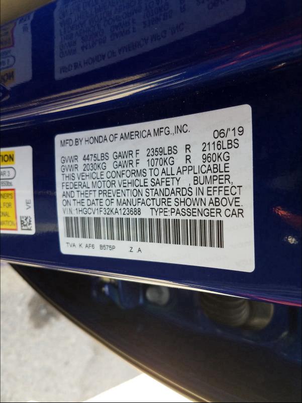 Photo 9 VIN: 1HGCV1F32KA123688 - HONDA ACCORD SPO 