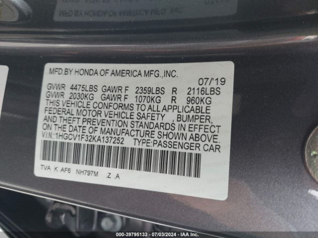 Photo 8 VIN: 1HGCV1F32KA137252 - HONDA ACCORD 