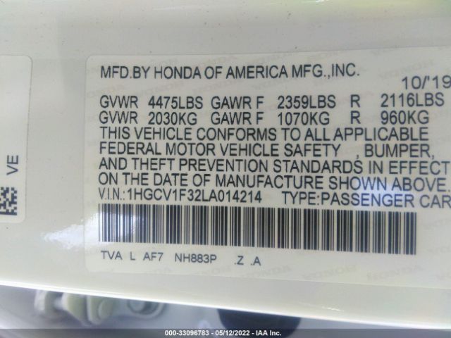 Photo 8 VIN: 1HGCV1F32LA014214 - HONDA ACCORD SEDAN 