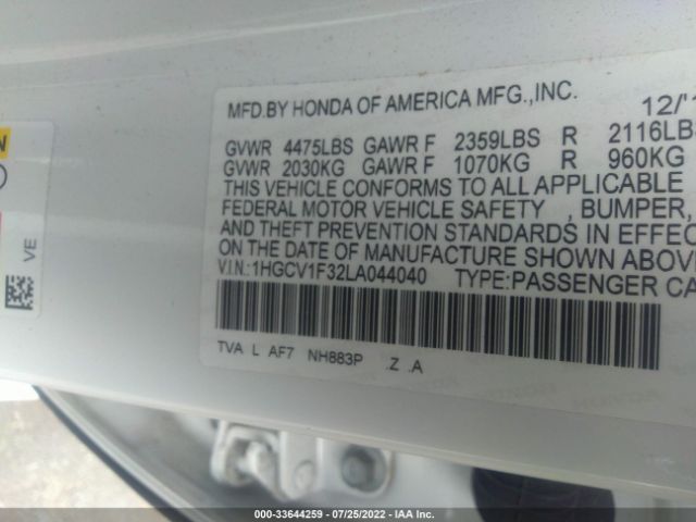 Photo 8 VIN: 1HGCV1F32LA044040 - HONDA ACCORD SEDAN 