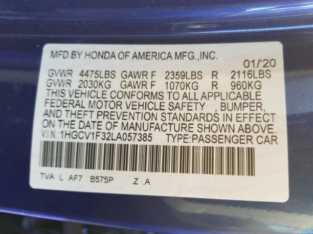 Photo 9 VIN: 1HGCV1F32LA057385 - HONDA ACCORD SPO 