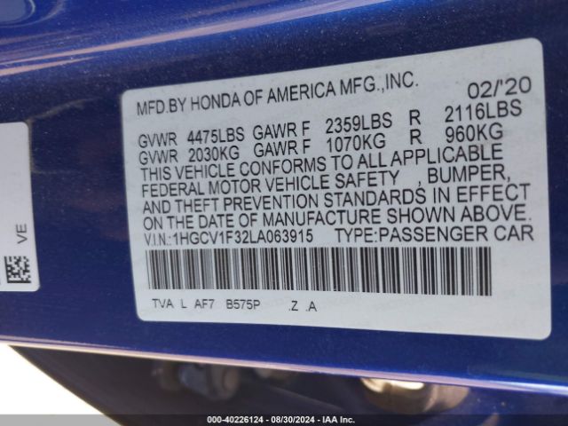 Photo 8 VIN: 1HGCV1F32LA063915 - HONDA ACCORD 