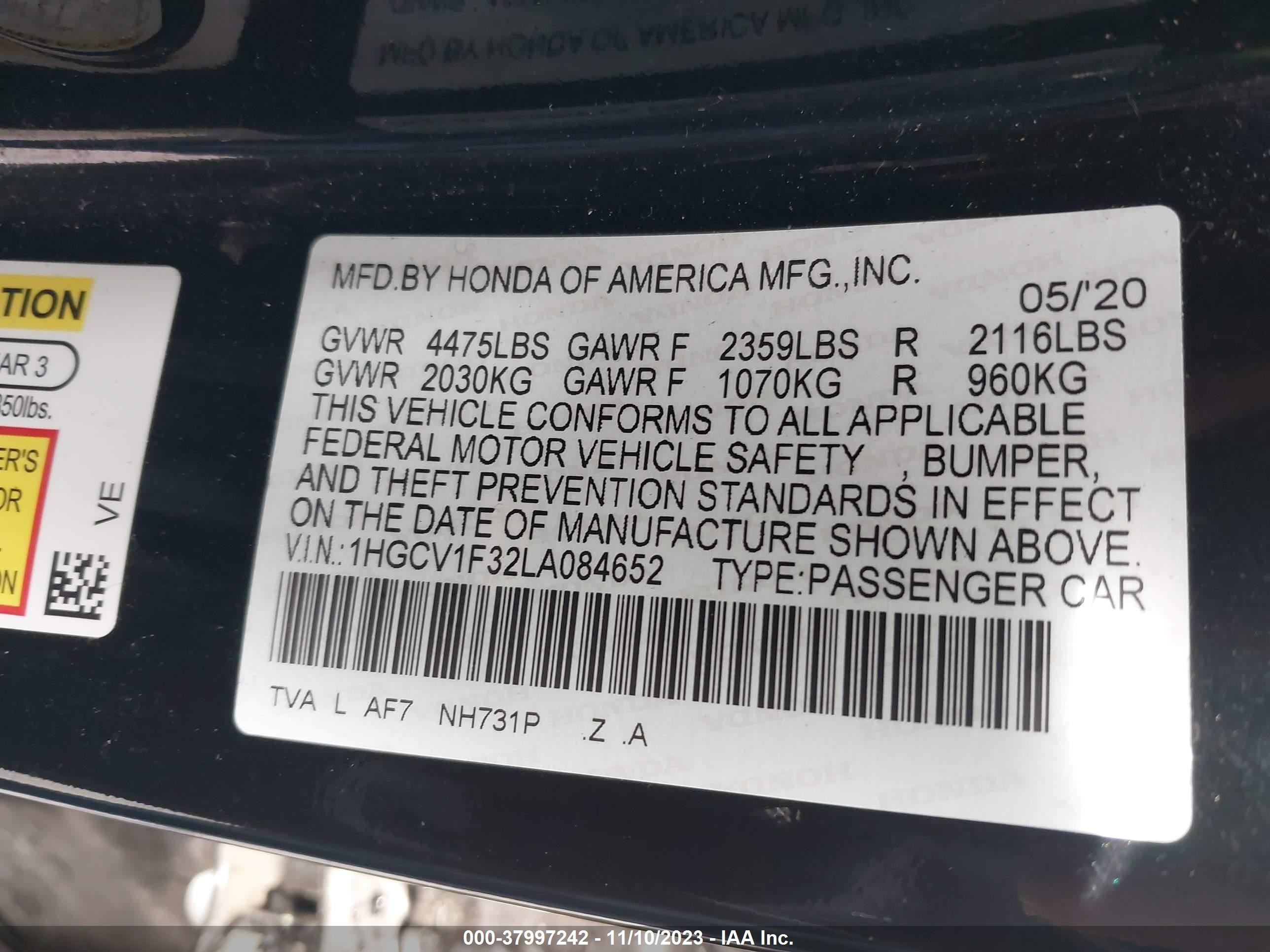 Photo 8 VIN: 1HGCV1F32LA084652 - HONDA ACCORD 