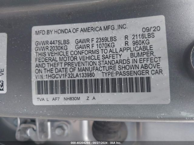 Photo 8 VIN: 1HGCV1F32LA133980 - HONDA ACCORD 