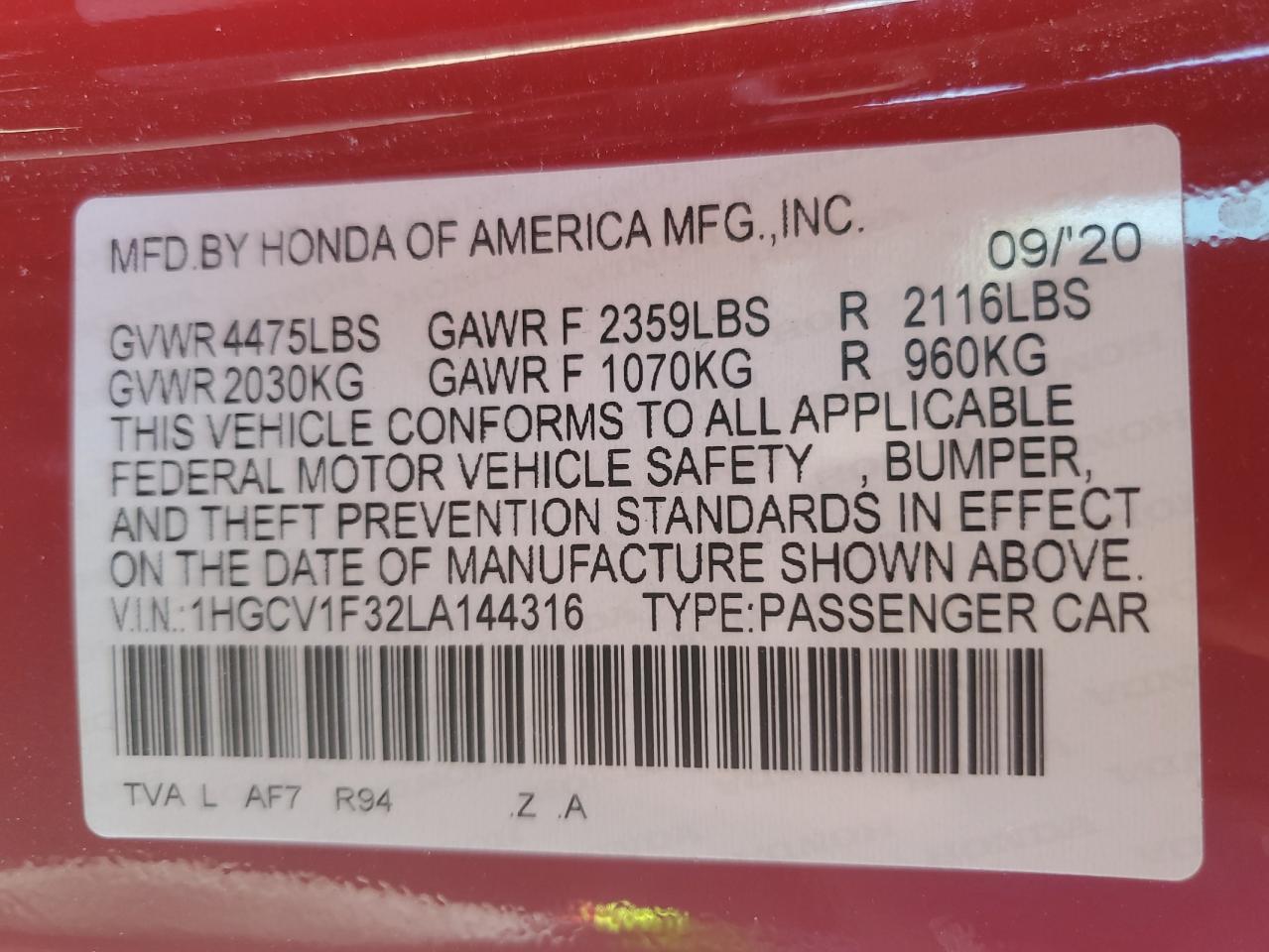 Photo 11 VIN: 1HGCV1F32LA144316 - HONDA ACCORD 