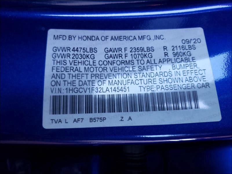 Photo 9 VIN: 1HGCV1F32LA145451 - HONDA ACCORD 