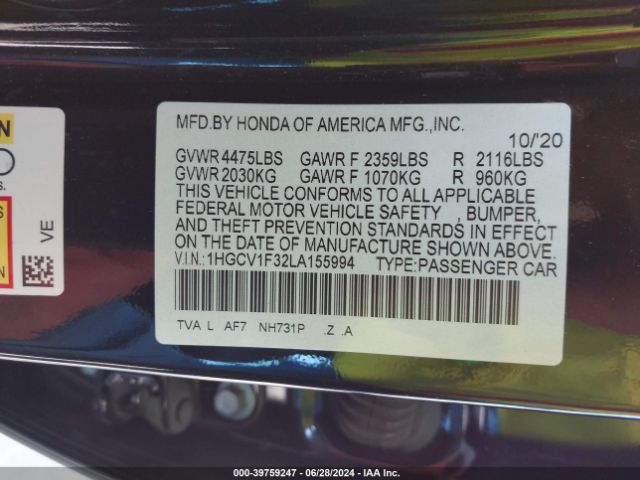 Photo 8 VIN: 1HGCV1F32LA155994 - HONDA ACCORD 