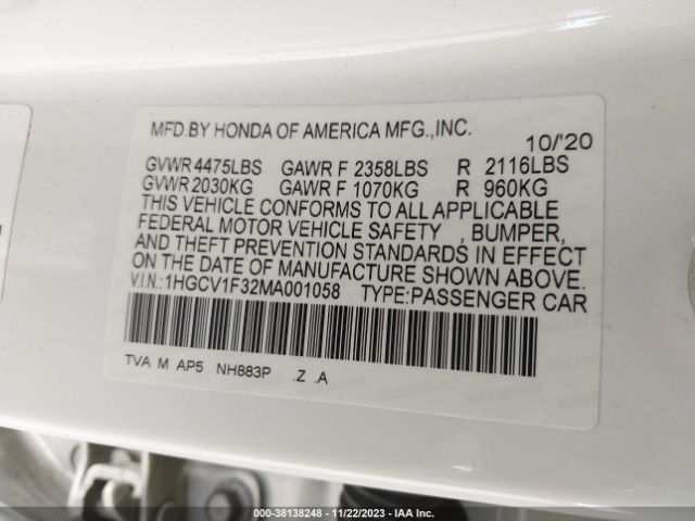 Photo 8 VIN: 1HGCV1F32MA001058 - HONDA ACCORD 