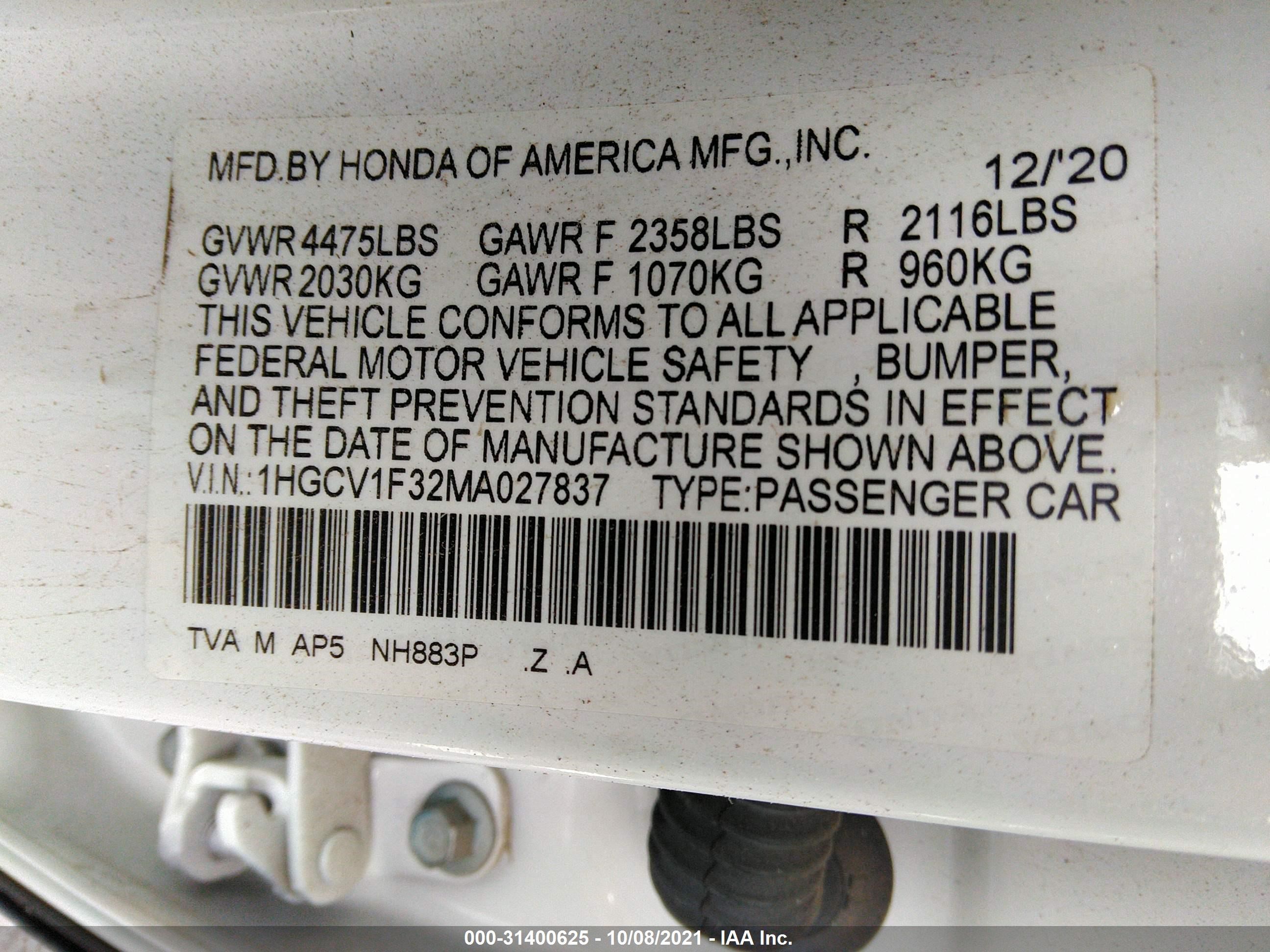 Photo 8 VIN: 1HGCV1F32MA027837 - HONDA ACCORD 