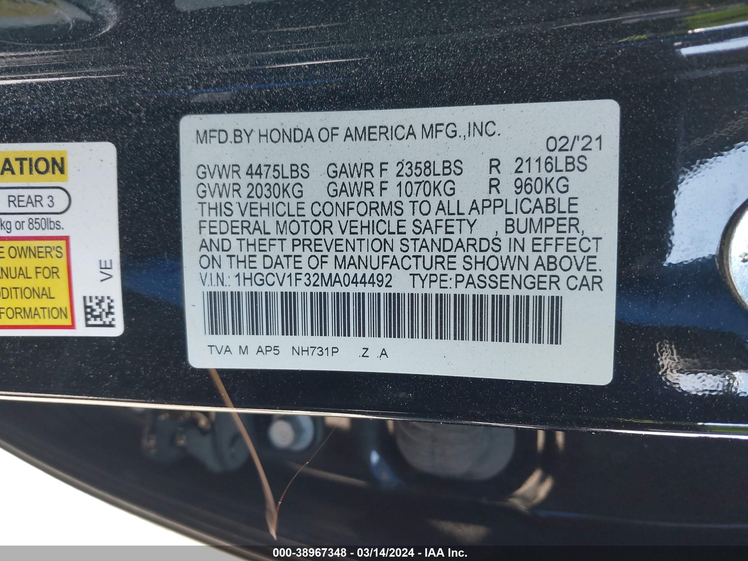 Photo 8 VIN: 1HGCV1F32MA044492 - HONDA ACCORD 