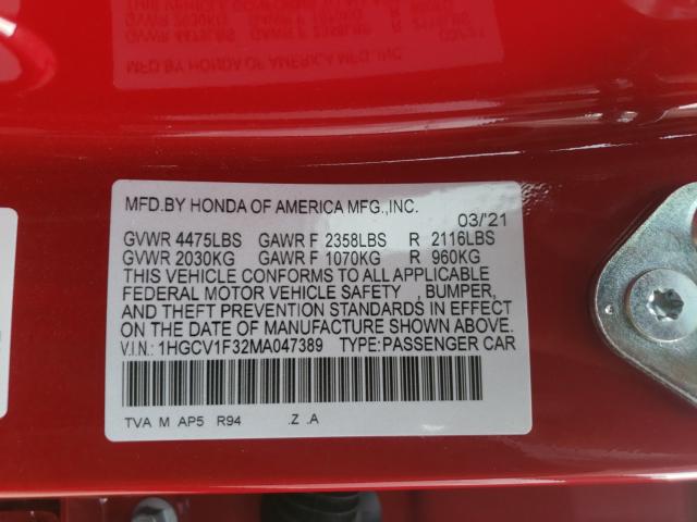 Photo 9 VIN: 1HGCV1F32MA047389 - HONDA ACCORD SPO 