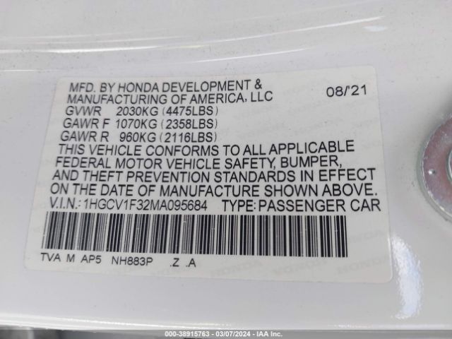 Photo 8 VIN: 1HGCV1F32MA095684 - HONDA ACCORD 