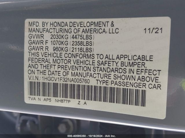 Photo 8 VIN: 1HGCV1F32NA005760 - HONDA ACCORD 