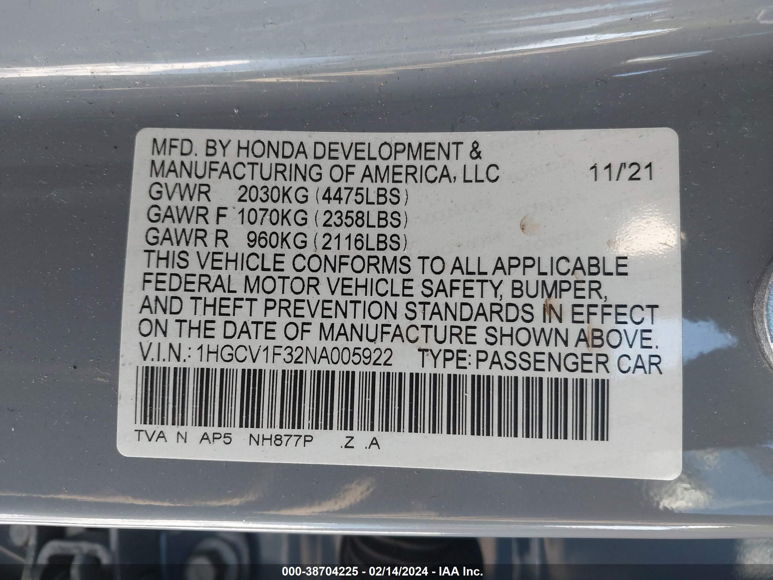 Photo 8 VIN: 1HGCV1F32NA005922 - HONDA ACCORD 