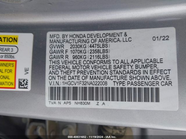 Photo 8 VIN: 1HGCV1F32NA022008 - HONDA ACCORD 