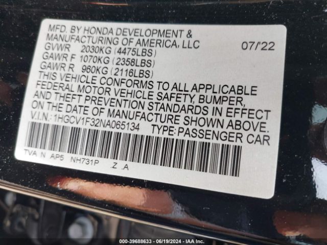 Photo 8 VIN: 1HGCV1F32NA065134 - HONDA ACCORD 