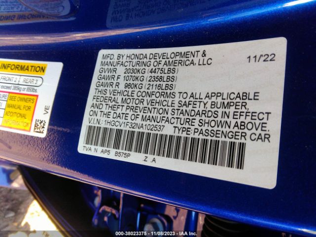 Photo 8 VIN: 1HGCV1F32NA102537 - HONDA ACCORD 