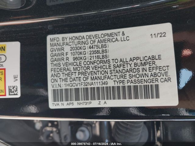 Photo 8 VIN: 1HGCV1F32NA111349 - HONDA ACCORD 