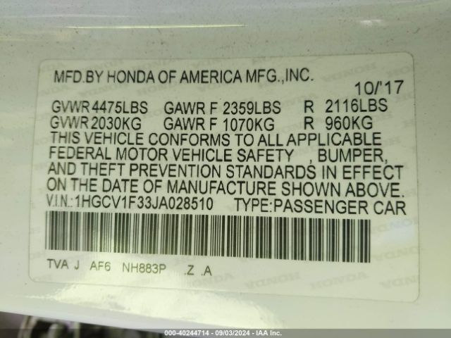 Photo 8 VIN: 1HGCV1F33JA028510 - HONDA ACCORD 