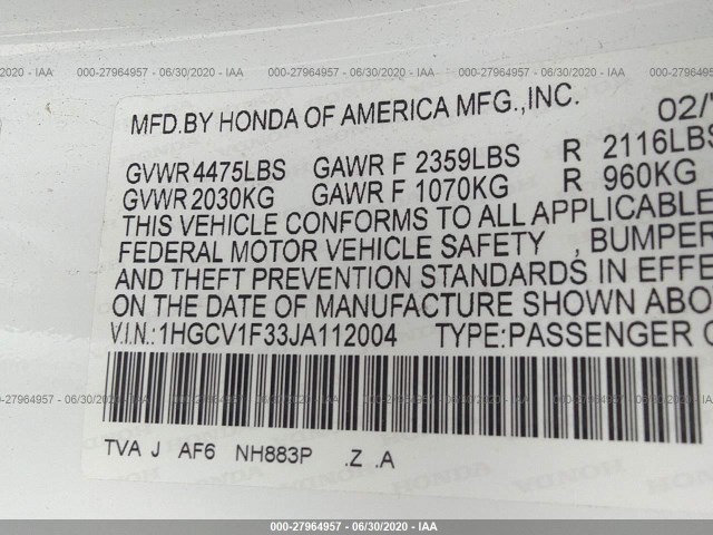 Photo 8 VIN: 1HGCV1F33JA112004 - HONDA ACCORD SEDAN 