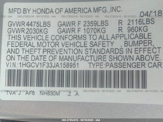 Photo 8 VIN: 1HGCV1F33JA158951 - HONDA ACCORD SEDAN 