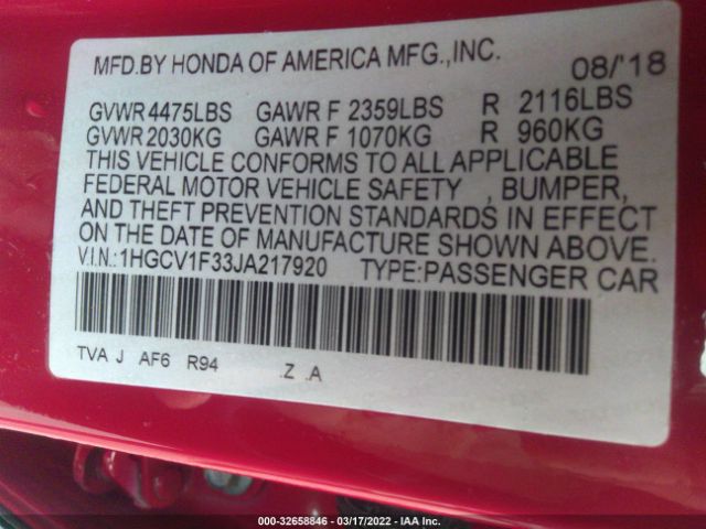 Photo 8 VIN: 1HGCV1F33JA217920 - HONDA ACCORD SEDAN 