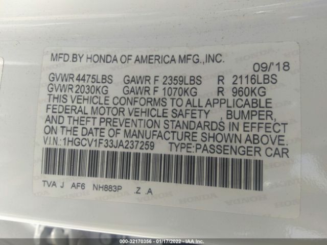 Photo 8 VIN: 1HGCV1F33JA237259 - HONDA ACCORD SEDAN 