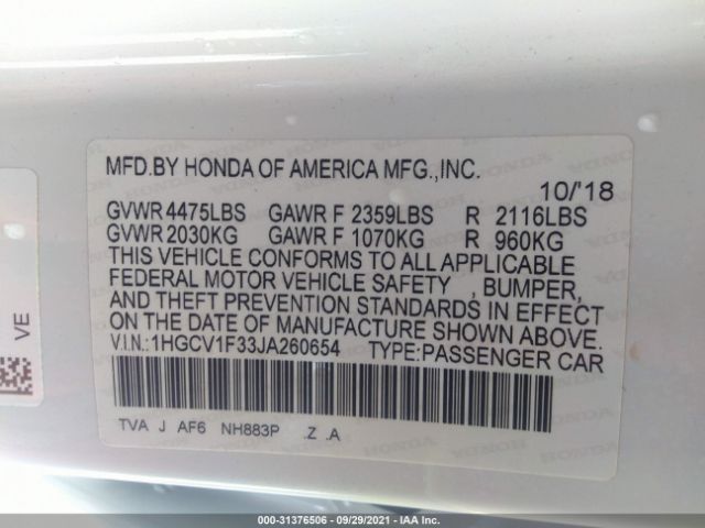 Photo 8 VIN: 1HGCV1F33JA260654 - HONDA ACCORD SEDAN 