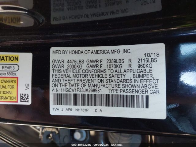 Photo 8 VIN: 1HGCV1F33JA268981 - HONDA ACCORD 