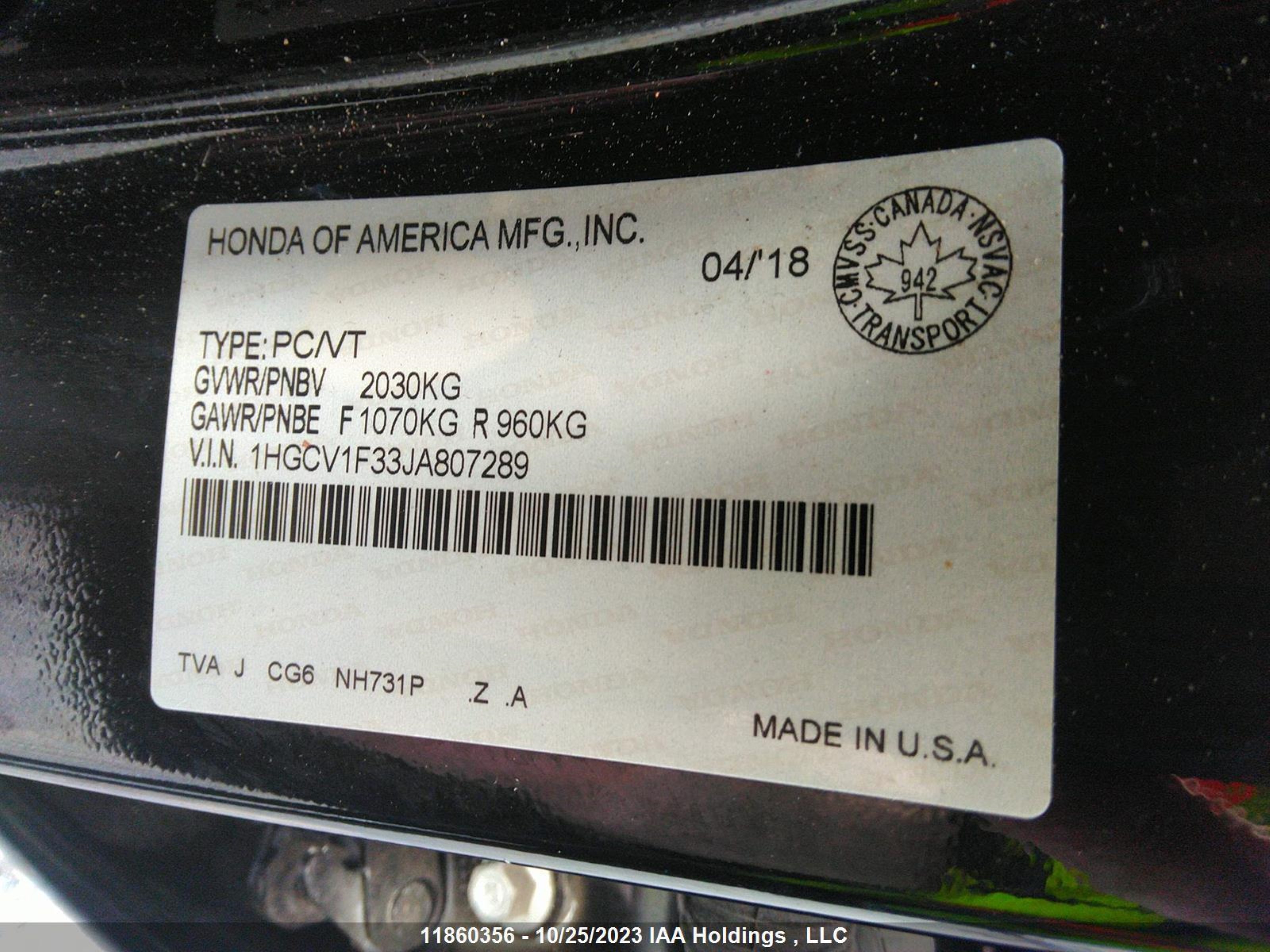 Photo 8 VIN: 1HGCV1F33JA807289 - HONDA ACCORD 